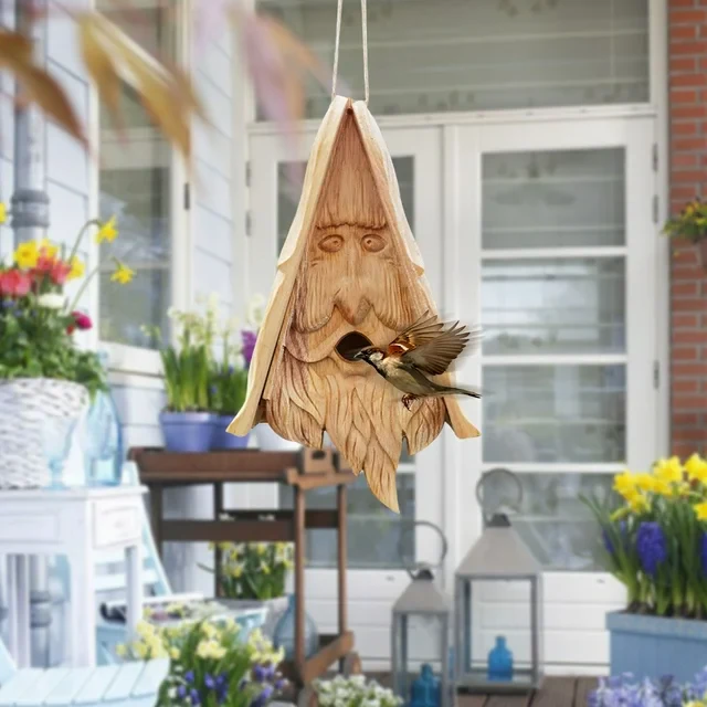 DGOO Outdoor Garden Simulation Birdhouse Wooden Bird Feeder Hanging Old Man's Bird House Feeder